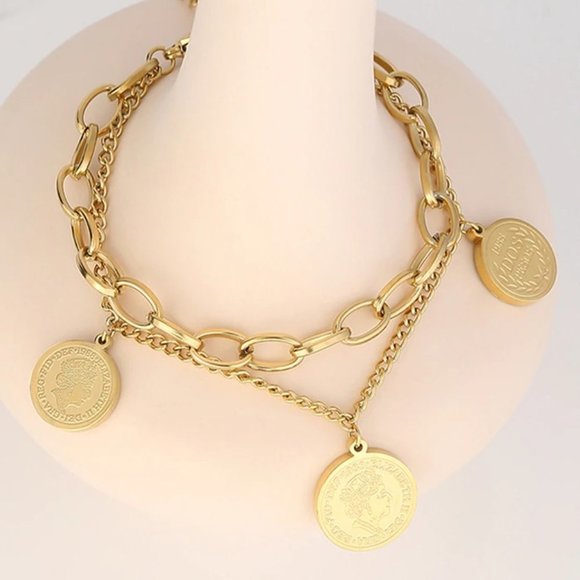 New 18K Gold Plated Vintage Coin Queen Elizabeth Link Chain Layered Bracelet - Picture 3 of 5